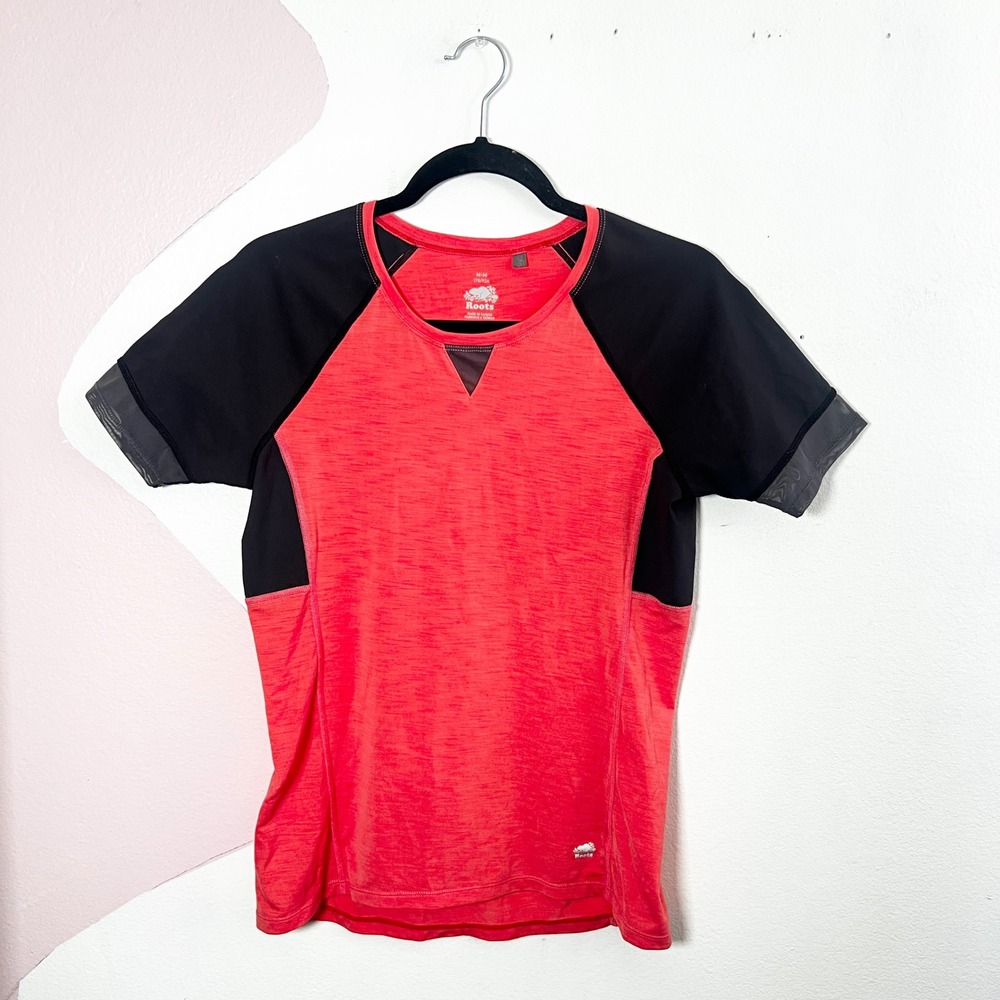 Roots Canada T Shirt Womens Medium Activewear Coral Raglan Mesh Trim Athletic‎